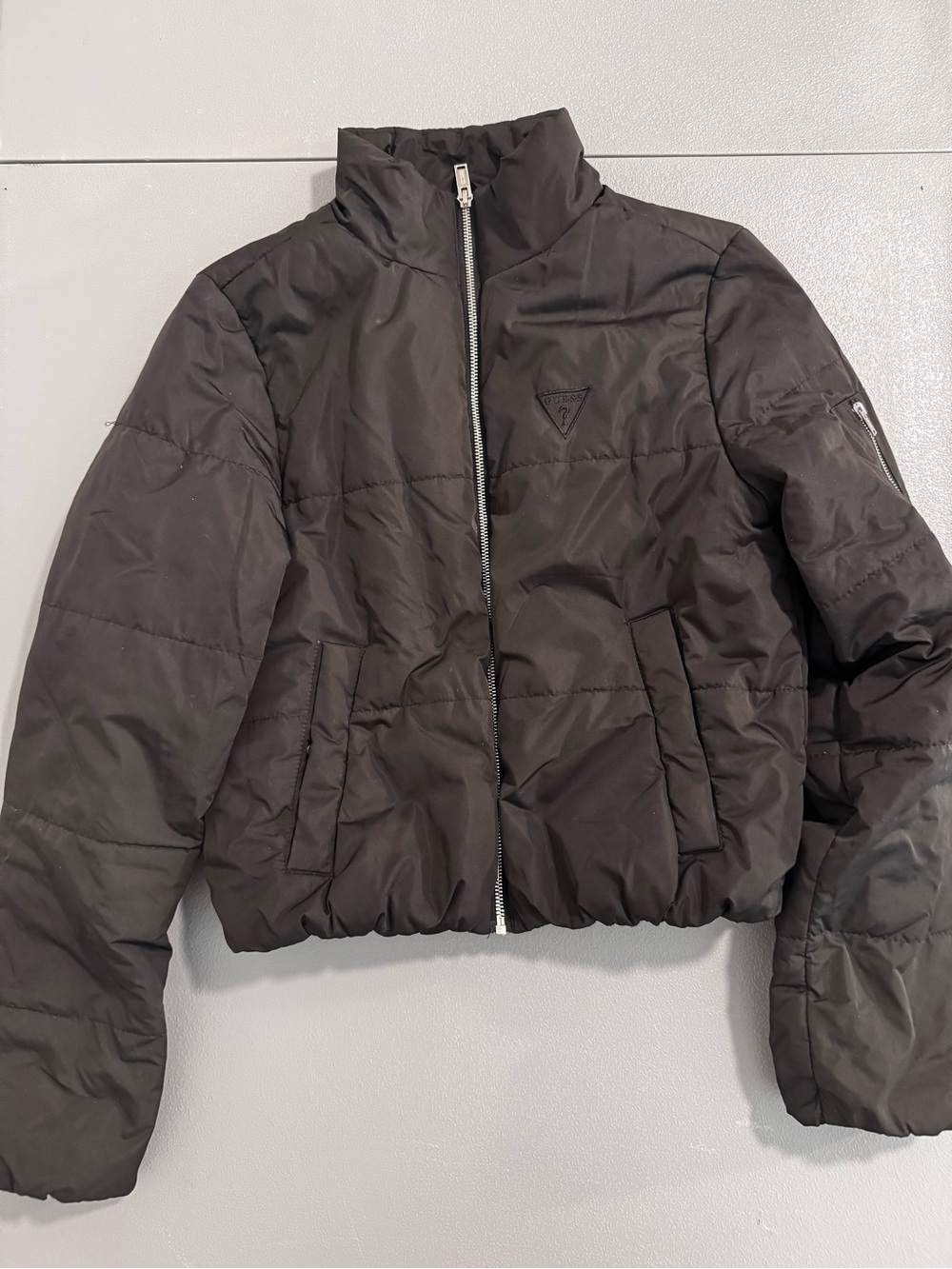 Guess Women's Black Cropped Quilted Puffer Bomber Jacket Size Small